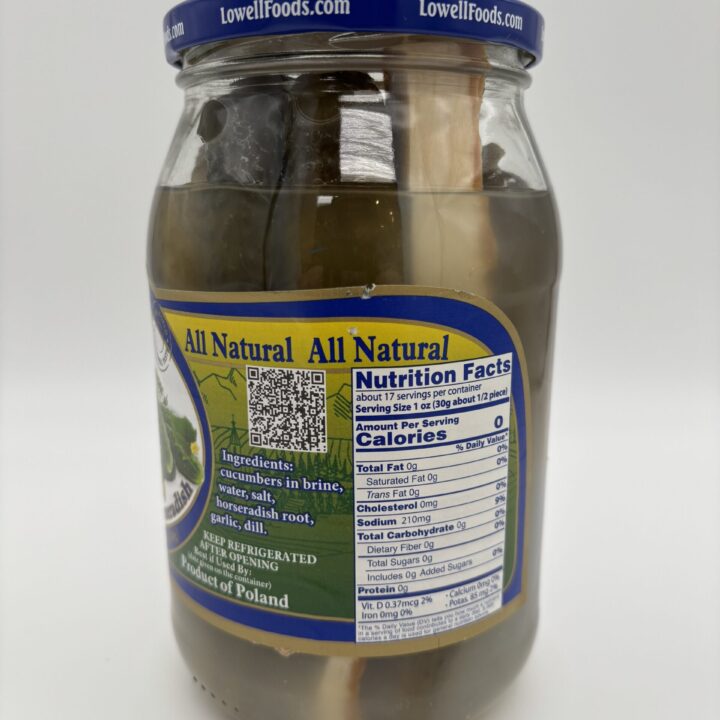 Alternative view of Lowell cucumbers in brine with horseradish