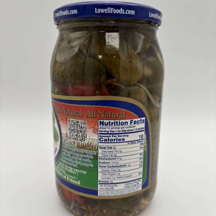 Alternative view of Lowell polish dill pickles with sweet peppers