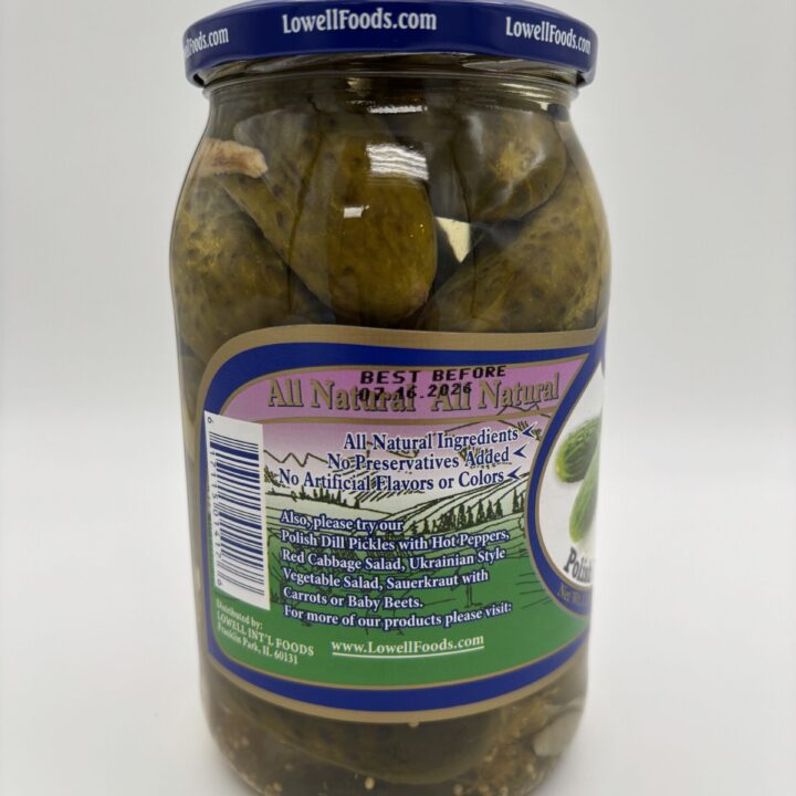 Alternative view of Lowell polish dill pickles with garlic