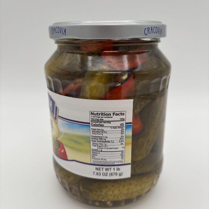 Alternative view of cracovia gherkins in vinegar brine