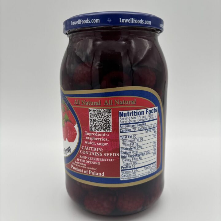 Alternative view of Lowell raspberries in light syrup