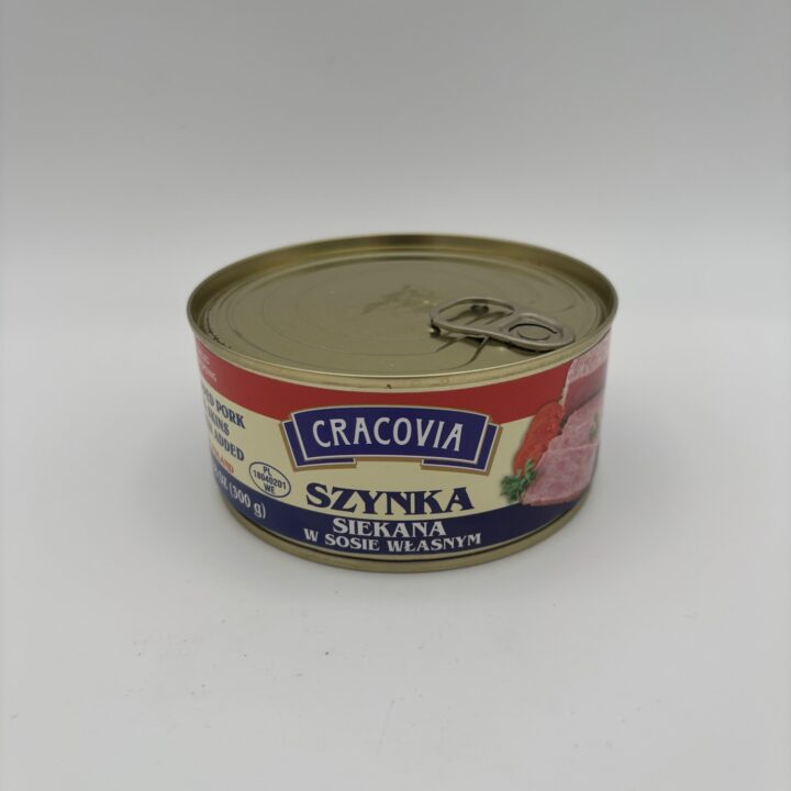 cracovia synka siekana w sosie wlasnym, cured chopped pork and pork skins with gelatin added.
