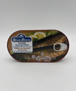 Alternative view of rugen fisch smoked herring fillets in vegetable oil and own juice.