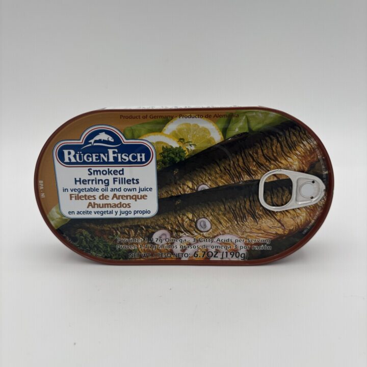 Alternative view of rugen fisch smoked herring fillets in vegetable oil and own juice.