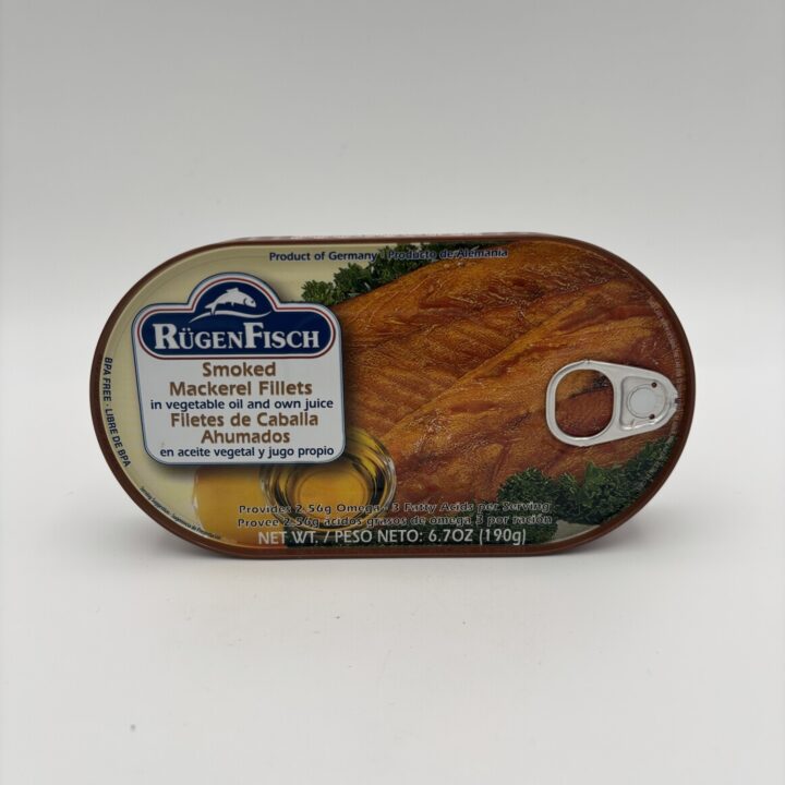 Alternative view of rugen fisch smoked mackerel fillets in vegetable oil and own juice