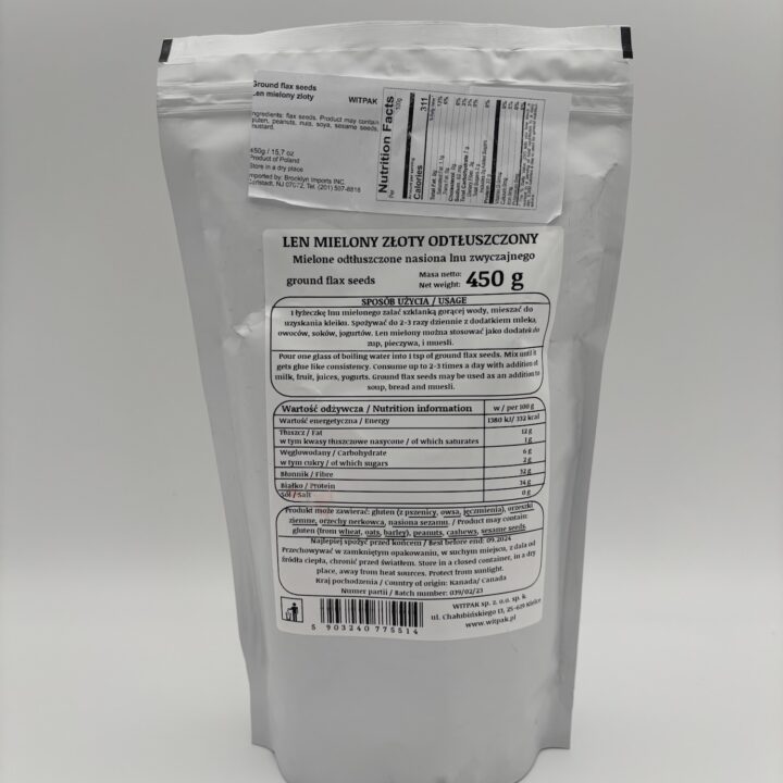 Alternative view of witpak Len mielony zloty odtluszczony ground flax seeds.