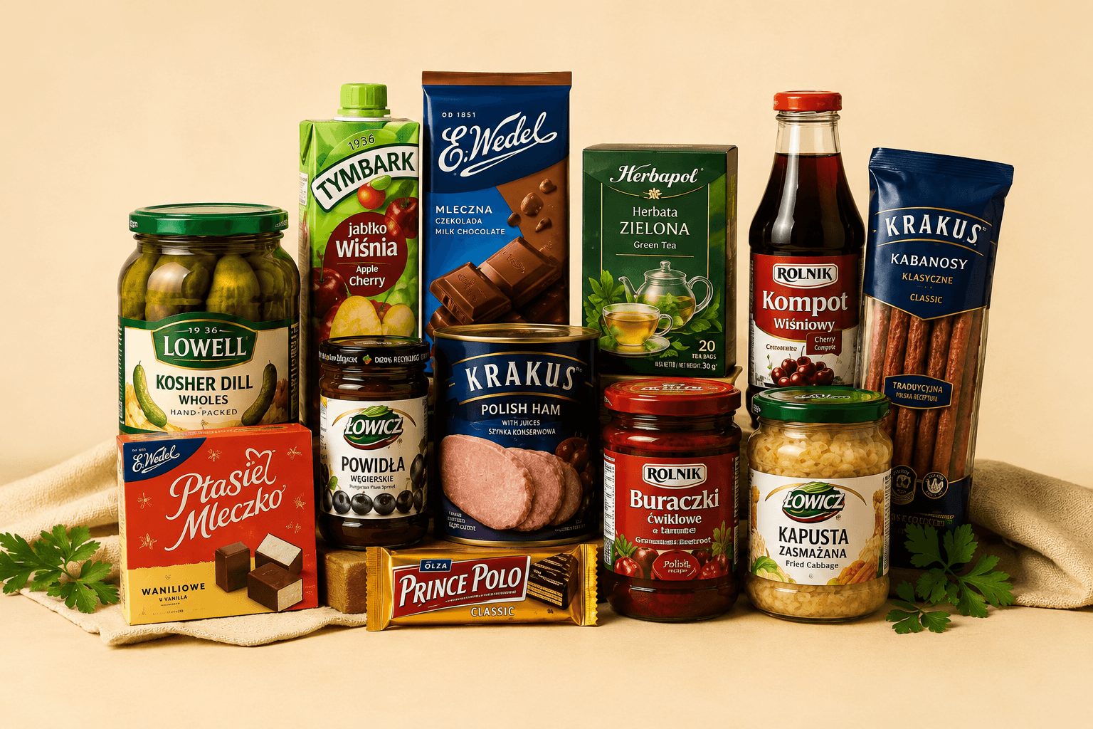 Imported Polish pantry products, sweets, drinks, pickles, kielbasa, and preserves